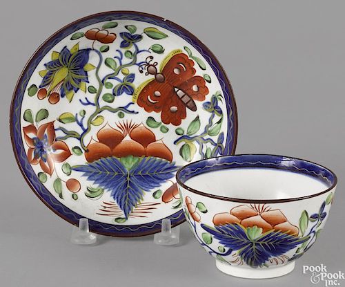 Gaudy Dutch porcelain butterfly cup and saucer, 19th c.