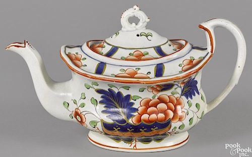 Gaudy Dutch porcelain war bonnet teapot, 19th c., 5 1/2'' h.