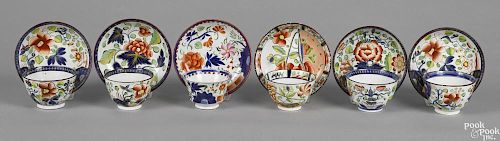 Six Gaudy Dutch porcelain cups and saucers, 19th c., to include oyster, dove, carnation