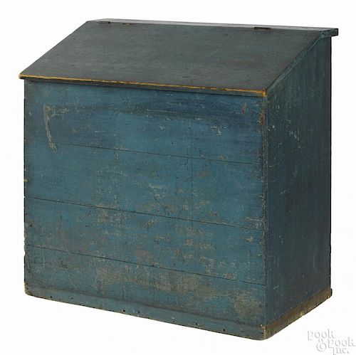 Painted pine grain bin, 19th c., retaining an old blue surface, 39'' h., 39 3/4'' w.