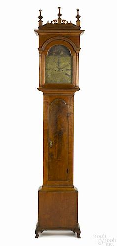 Pennsylvania Chippendale walnut tall case clock, ca. 1790, the brass dial inscribed Benj Morris