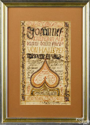 Pennsylvania watercolor and ink fraktur, dated 1825, for Johannes Kneber, with an inverted heart