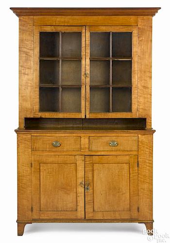 Western Pennsylvania or Ohio Tiger maple and cherry two-part Dutch cupboard, mid 19th c., 85'' h.