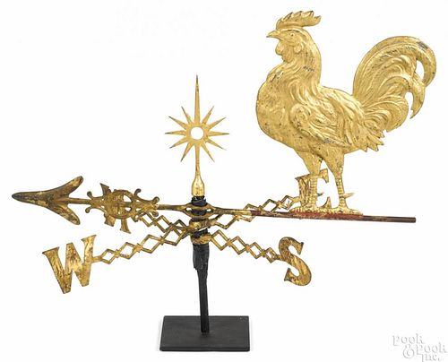 Swell-bodied zinc rooster weathervane, late 19th c., retaining an old gilt surface