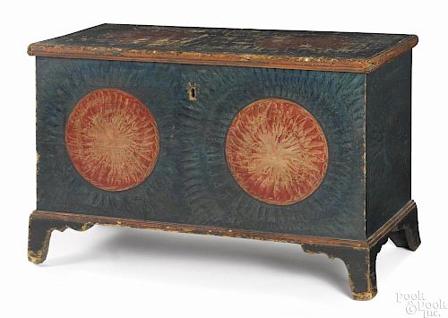 Pennsylvania painted pine blanket chest, 19th c., retaining a later blue grained background