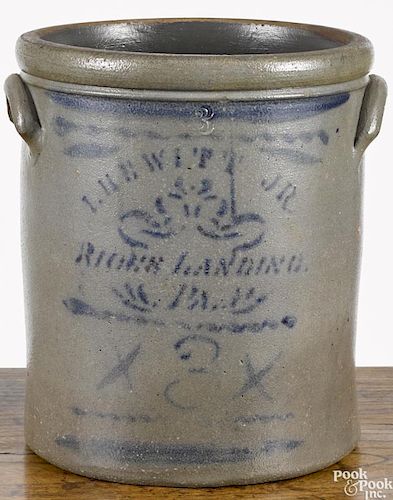 Western Pennsylvania three-gallon stoneware crock, 19th c., inscribed I. Hewitt Rices Landing PA