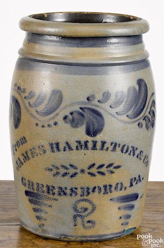 Western Pennsylvania two-gallon stoneware crock, 19th c., inscribed From James Hamilton & Co.