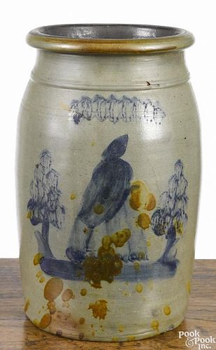 Morgantown, West Virginia two-gallon stoneware crock, 19th c., with cobalt decoration of a woman