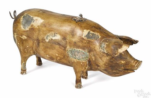 Carved and painted pig trade sign, 19th c., 18'' h., 38'' l.