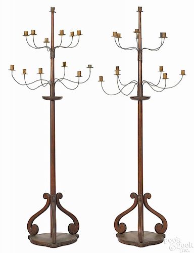 Pair of painted pine floor candelabra, 19th c., with wire candle arms, 62'' h.