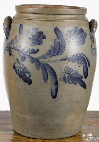 Pennsylvania four-gallon stoneware crock, 19th c., with floral decoration around the entire rim