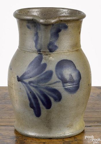 Small Pennsylvania stoneware pitcher, 19th c., with cobalt floral decoration, 7 1/2'' h.