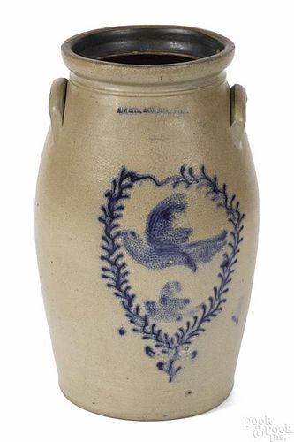 New York stoneware churn, 19th c., impressed N. White & Co. Binghamton, with two cobalt doves