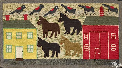 Hooked rug barnyard scene, early 20th c., with donkeys and crows, 25 1/2'' x 46''.