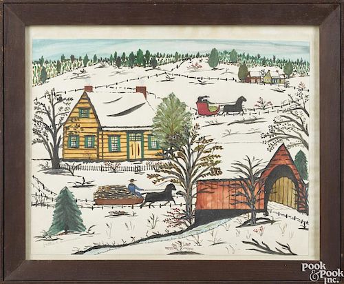 Hattie Klapp Brunner (American 1889-1982), watercolor winter landscape with a horse drawn sleigh