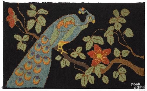 Hooked rug of a peacock on a flowering branch, ca. 1930, 23 1/2'' x 38 1/2''.