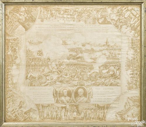 Copper engraved handkerchief depicting the Great Battle of Waterloo, 21 3/4'' x 25 1/4''.