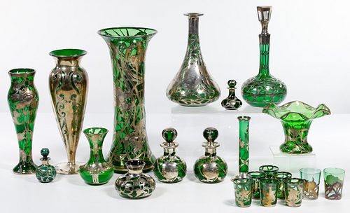 Baccarat, Alvin, La Pierre and Gorham Silver Overlay Green Glass Assortment