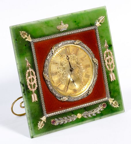 (Attributed to) Faberge Spinach Jade Easel Desk Clock