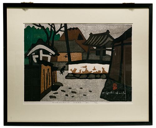 Kiyoshi Saito (Japanese, 1907-1997) 'Biyakogu-Ji Nara (A)' Woodblock Print