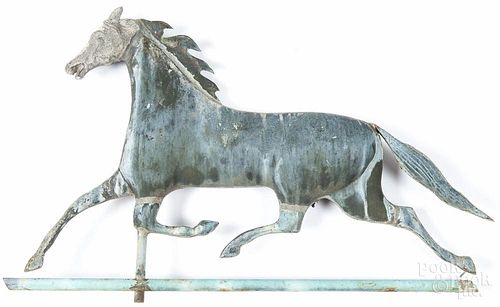 Swell-bodied copper running horse weathervane, 19th c., with a cast zinc head