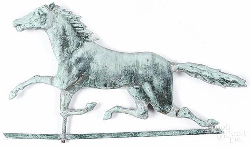 Swell-bodied copper running horse weathervane, 19th c., with a verdigris surface, 15 1/2'' h.