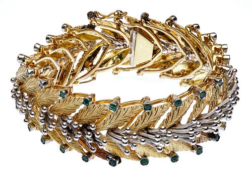 18k Bi-Color Gold and Emerald Leaf-form Bracelet