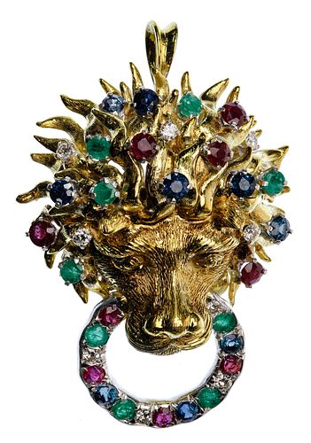 14k Bi-Color Gold and Gemstone Lion Pendant / Brooch