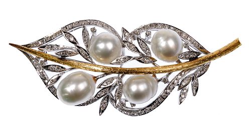 Yellow and White Gold, Pearl and Diamond Brooch