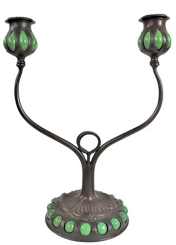 Tiffany Favrile Glass & Bronze 2-Light Candelabrum