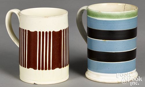 Two mocha mugs, with vertical brown bands