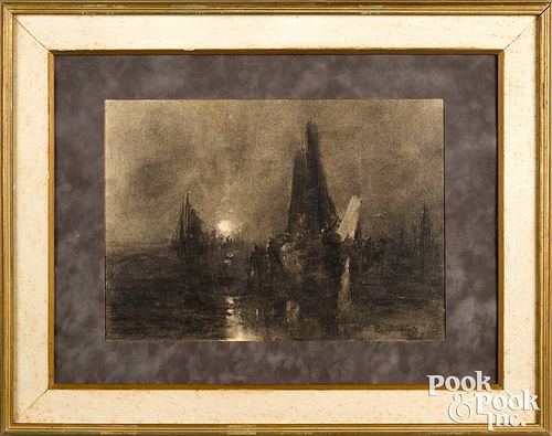 Charcoal moonlit harbor scene, signed Claude Mone