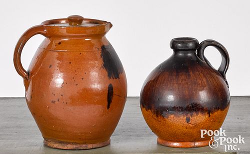Redware jug and lidded pitcher, 19th c.