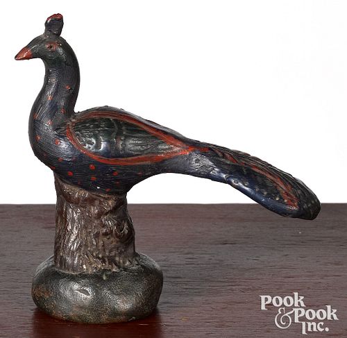 Rare Issac Stahl painted redware peacock
