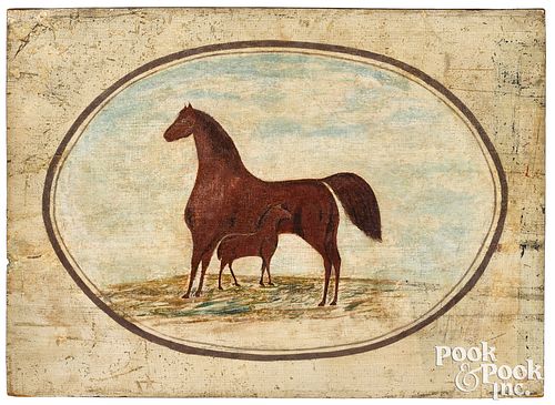 Painted pine panel of a horse and foal, 19th c.