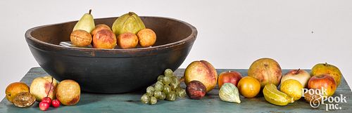 Turned and painted bowl, together with stone frui