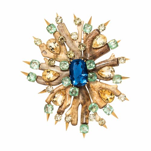 TONY DUQUETTE, MULTIGEM AND CORAL BROOCH