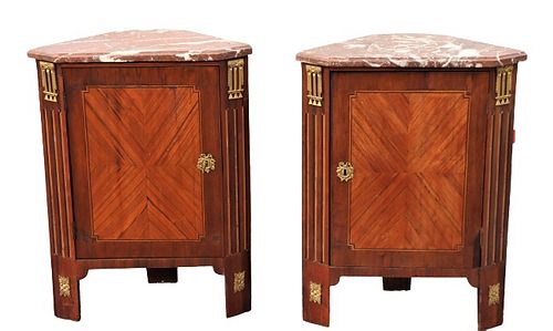 Rare Pair French Empire Marble Top Corner Cabinets