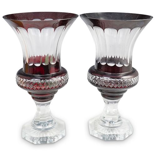 Pair of Cranberry Crystal Cut Vases