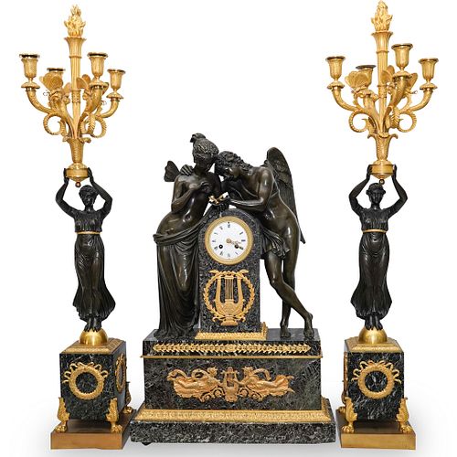 French Empire Garniture Marble & Bronze Mantle Clock