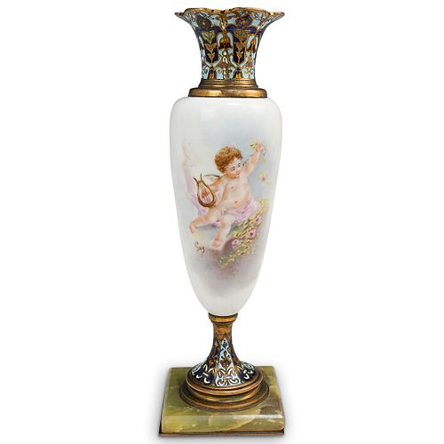 French Champleve and Porcelain Vase