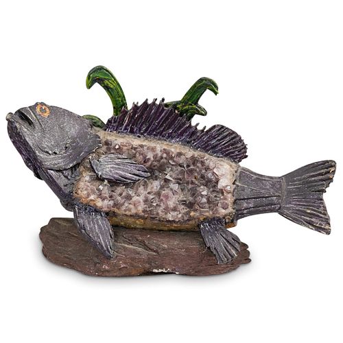 Amethyst and Carved Wood Fish Sculpture