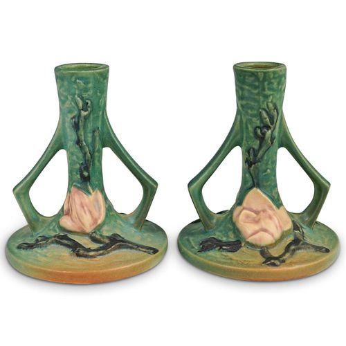 (2 Pc) Roseville Pottery Magnolia Green Candle Holders