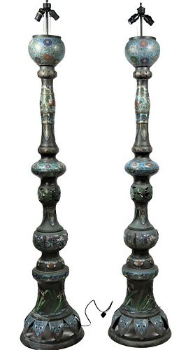 Monumental Pair Chinese Cloisonne Floor Lamps