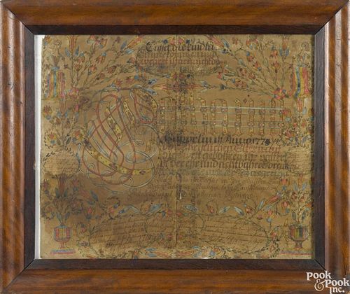 Rare Pikeland Township, Chester County, Pennsylvania ink and watercolor fraktur, dated 1778