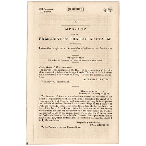 1852-Dated, First Edition Official Imprint - Affairs in the Territory of Utah
