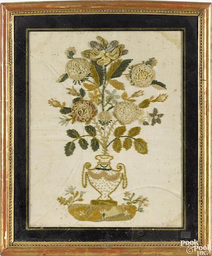 Chenille embroidery of an urn of flowers, early 19th c., 16'' x 12''.