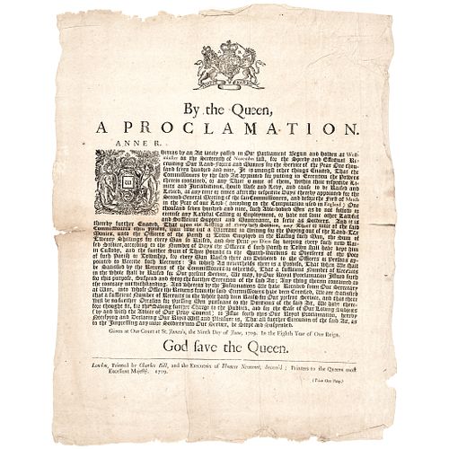 1709 Queens: A PROCLAMATION Broadside for Recruiting Land-forces and Marines!