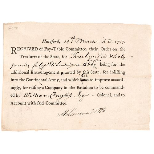 1777 Revolutionary War Pay Bonus Document for SPY Capt. ELI LEAVENWORTH