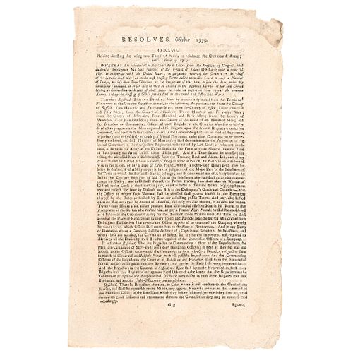 1779 Continental Congress Printed Broadsheet Resolve For Raising 2,000 Militia